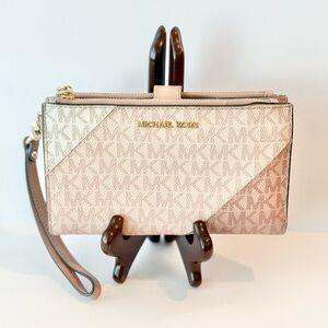 MICHAEL KORS Jet Set Travel Signature Logo Double-Zip Wristlet-Wallet-Phone Case